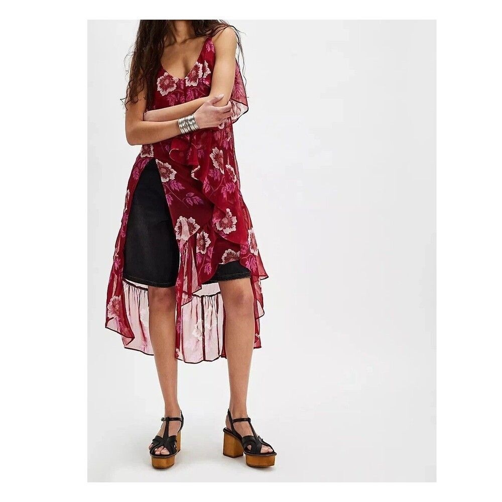 Free People Sunfaded Maxi Top Floral Printed Ruffle Slip Sheer Swing S 288760